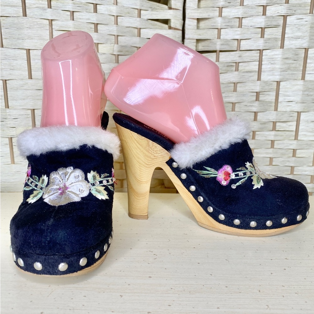 Vintage SPLASH Black With Fur Beads Sequins Studs & Stitching Mules Size 5.5